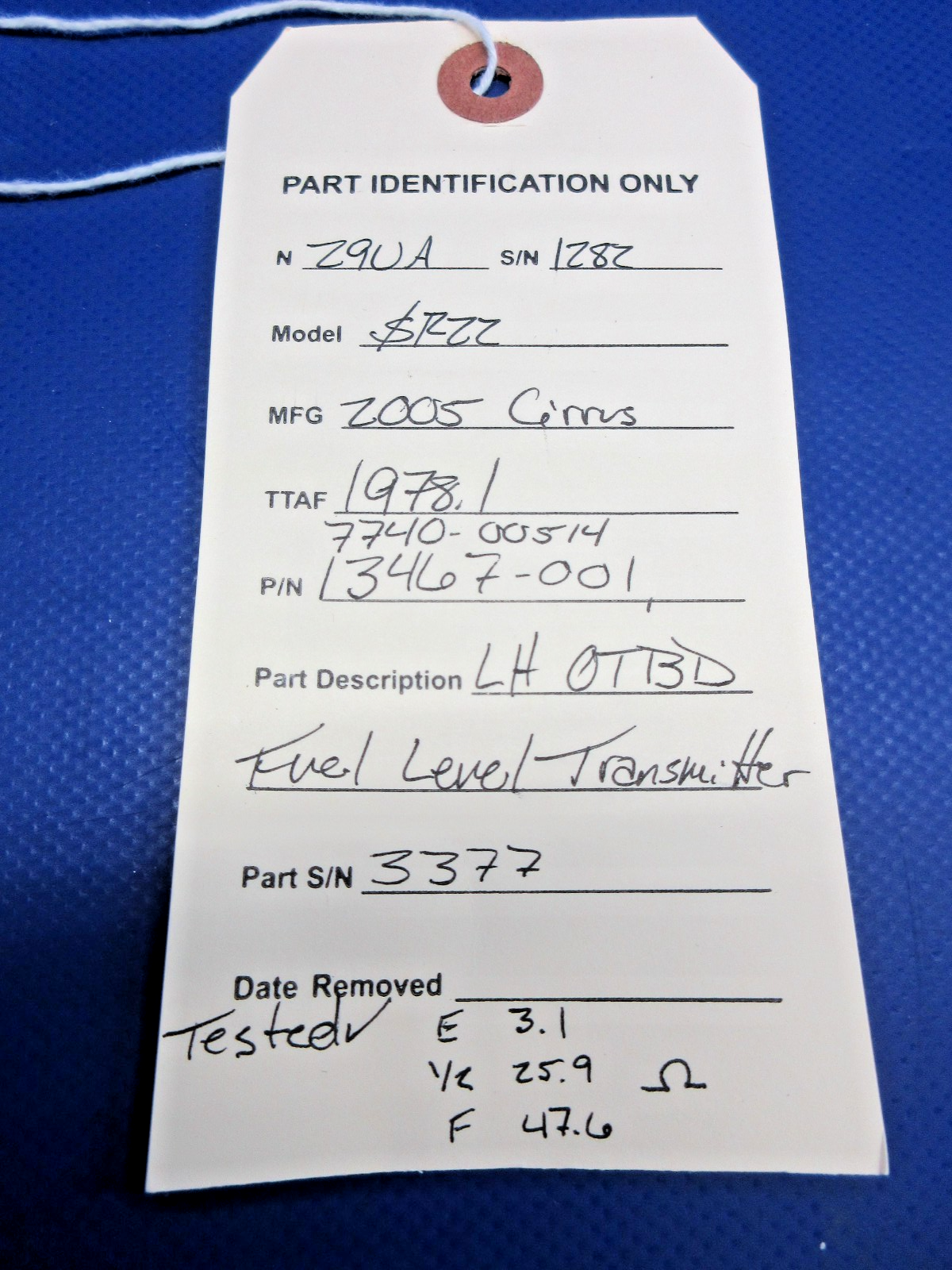 Cirrus SR22 LH OTBD Fuel Level Transmitter P/N 13467-001 TESTED (0926-732)10