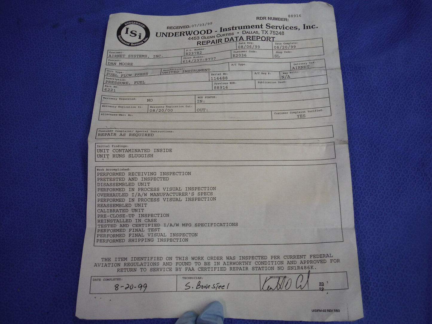 United Instruments Fuel Flow Indicator  P/N 6221-G56 Overhauled (1015-224)