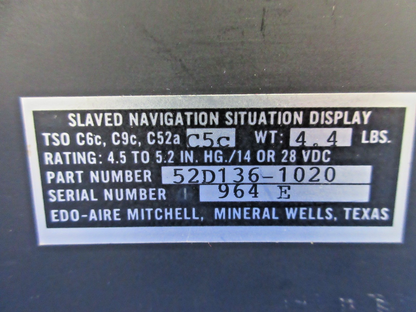 Edo-Aire Mitchell Navigation Display 14/28V P/N 52D136-1020 WARRANTY (0926-2160)4