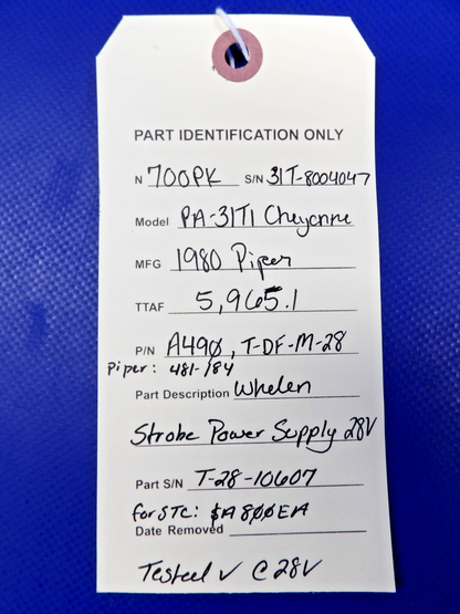 Piper Cheyenne Whelen Strobe Power Supply 28V P/N A490 TESTED (0626-1307)12