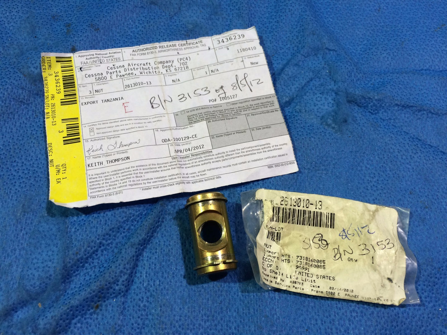 Cessna Caravan Rudder Bar Barrel Nut P/N 2613010-13 (0816-57)0