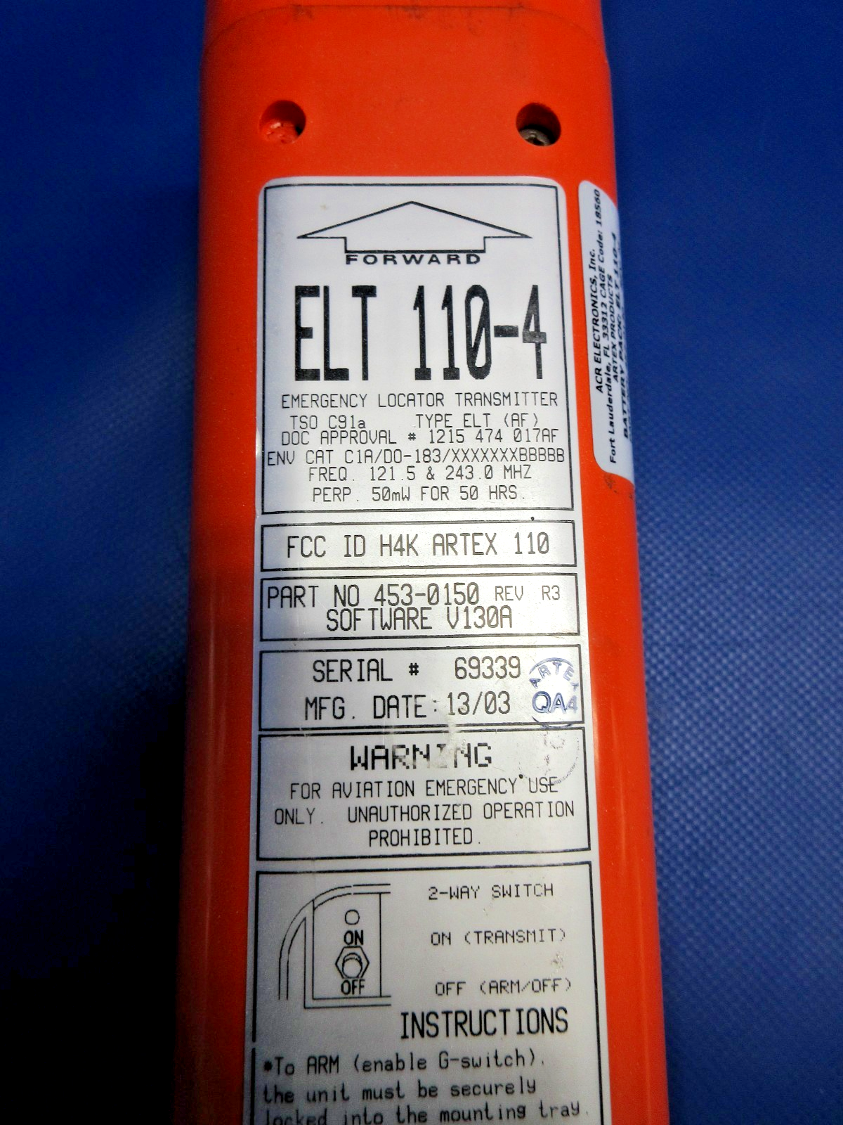 ELT 110-4 Less Battery P/N 453-0150 FOR PARTS (0326-934)4