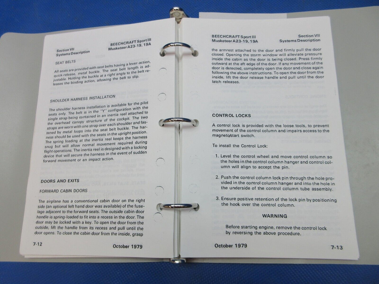 Beech A23-19 & 19A Pilot's Operating Handbook P/N 169-590002-7 (0924-1461)