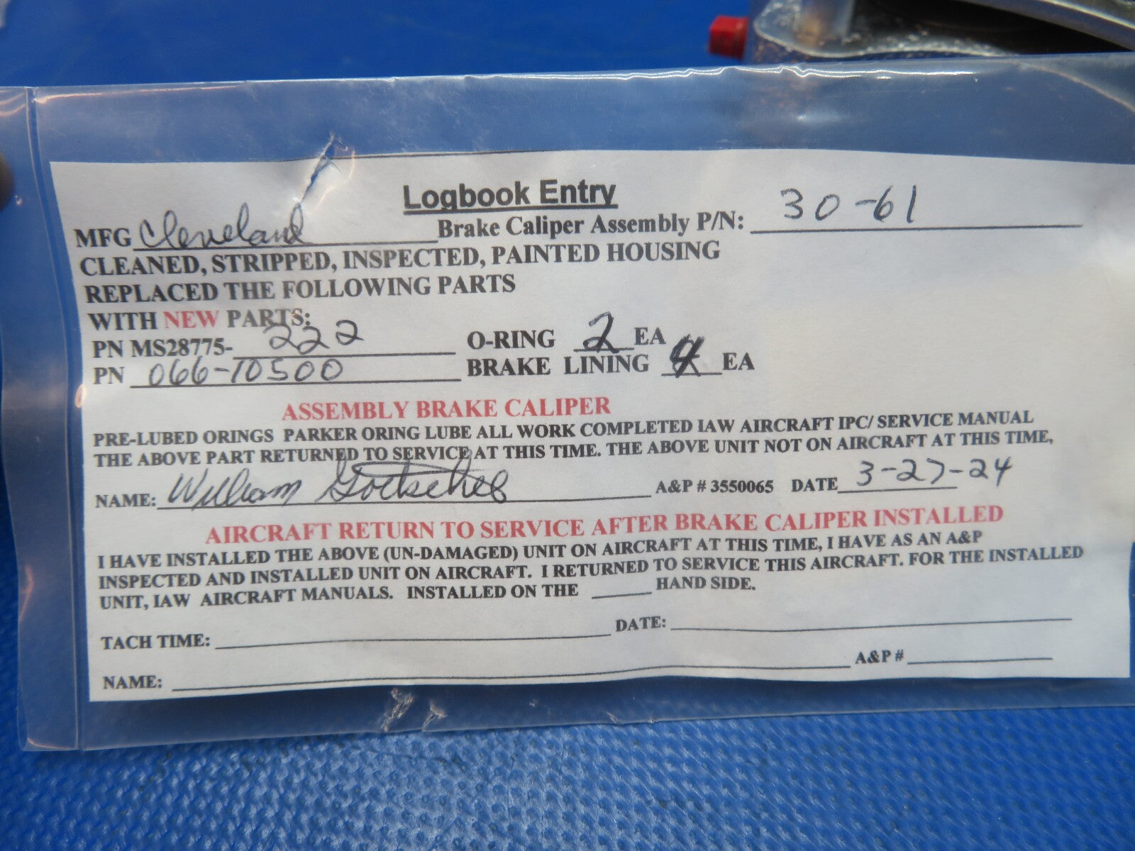 Cessna 337 / 337E Cleveland Brake Caliper Assy P/N 30-61 REBUILT (0424-1711)2