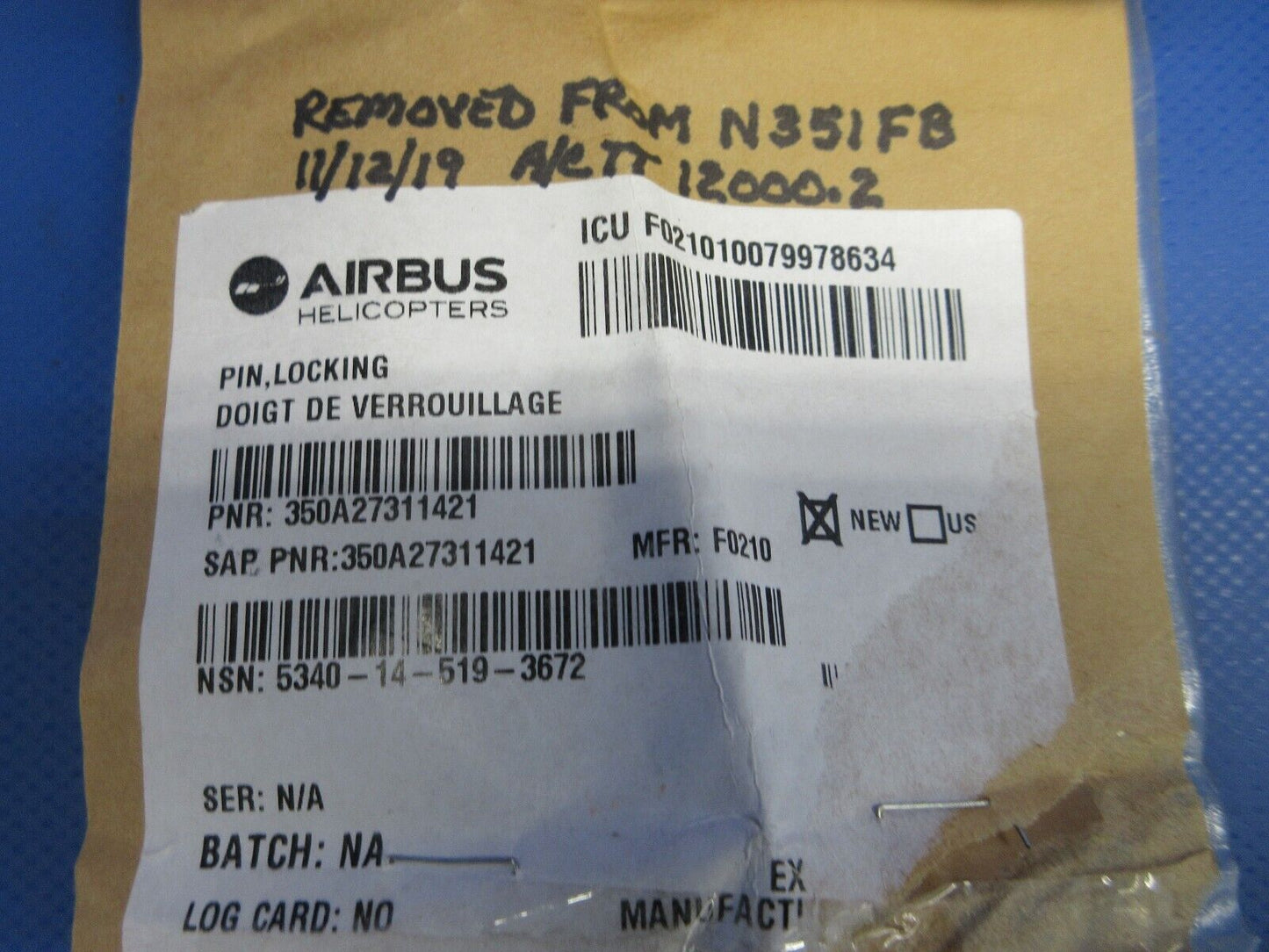 Eurocopter Lock-in Pin Spring P/N 350A27311421 (0324-744)