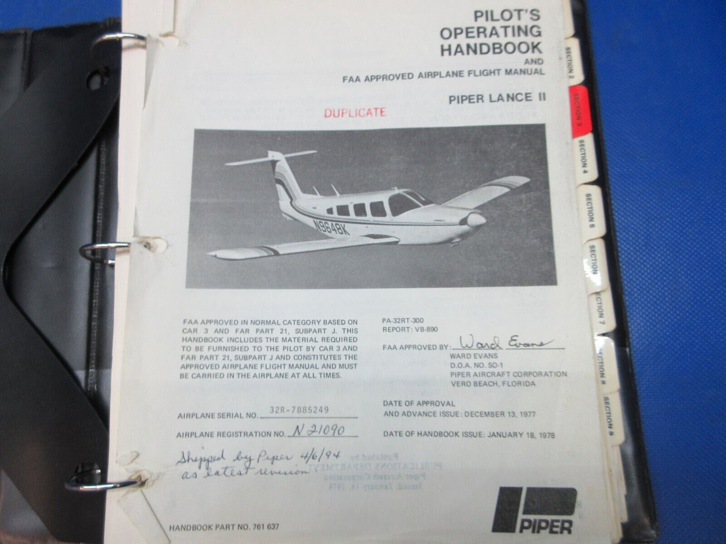 Piper Lance II Pilot's Operating Handbook & Info Manual P/N 761-637 (1124-1273)