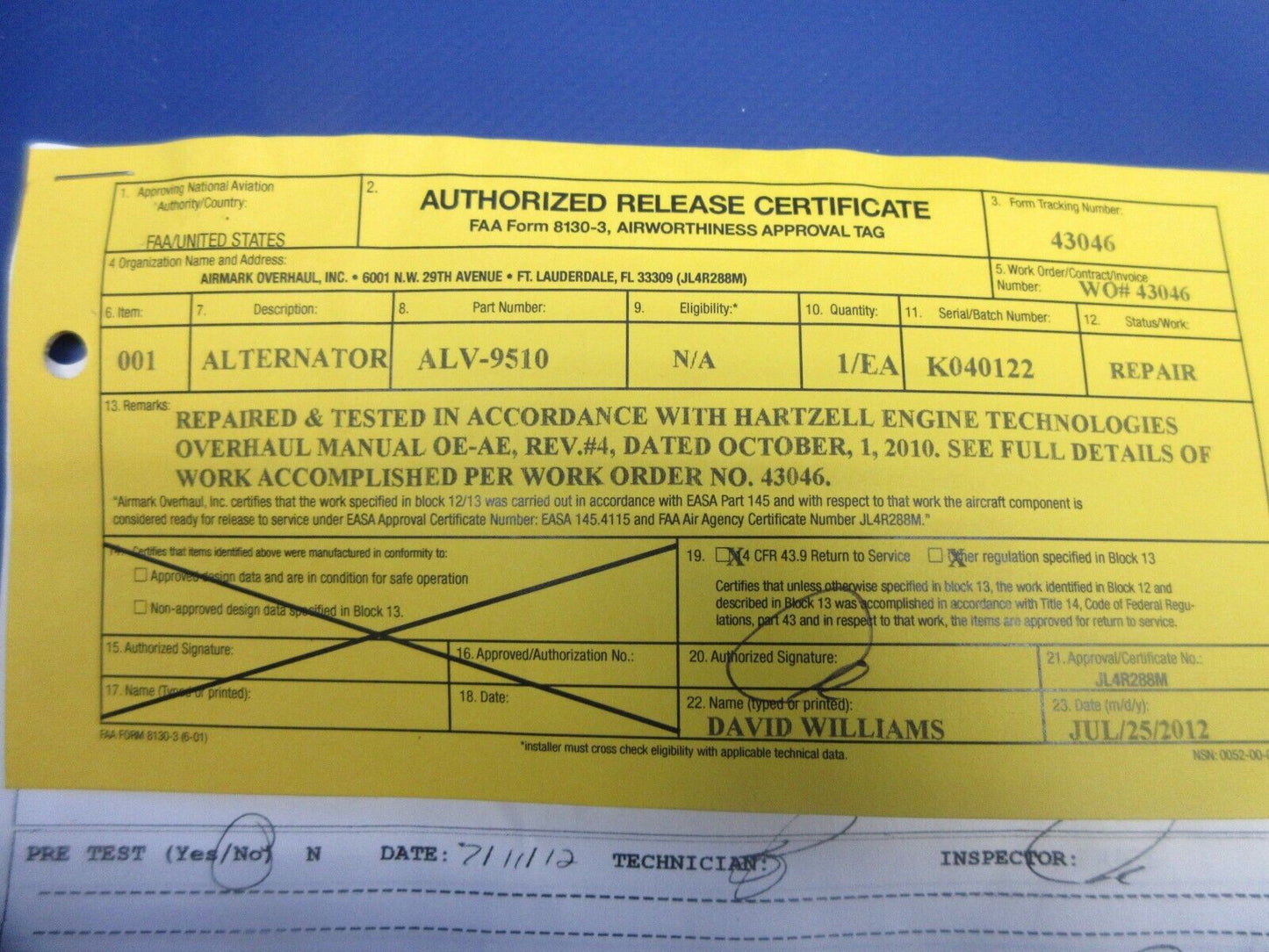 Kelly Aerospace Alternator 24V P/N ALV-9510 Repaired w/8130 (1224-746)