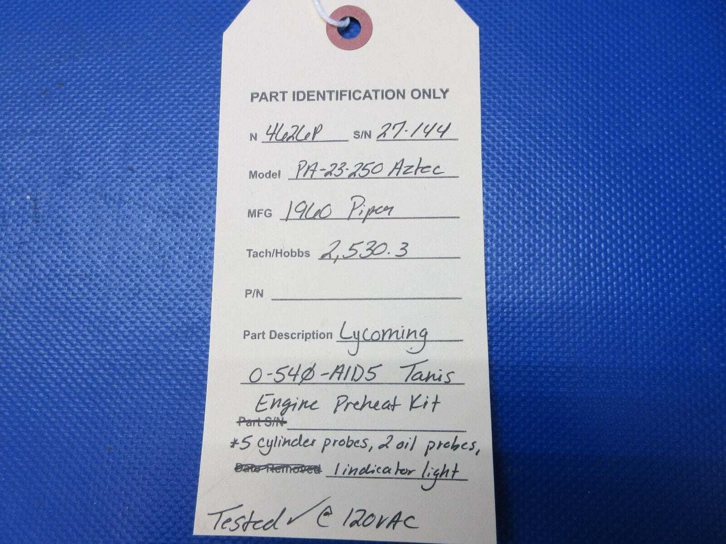Piper PA-23-250 Lycoming O-540-A1D5 Tanis Engine Preheat Kit TESTED (1024-1419)