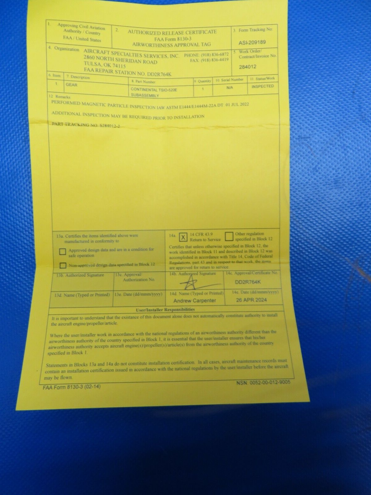 Continental TSIO-520-E-C-D Crankshaft Gear Small 632892 INSPECTED (0624-1716)