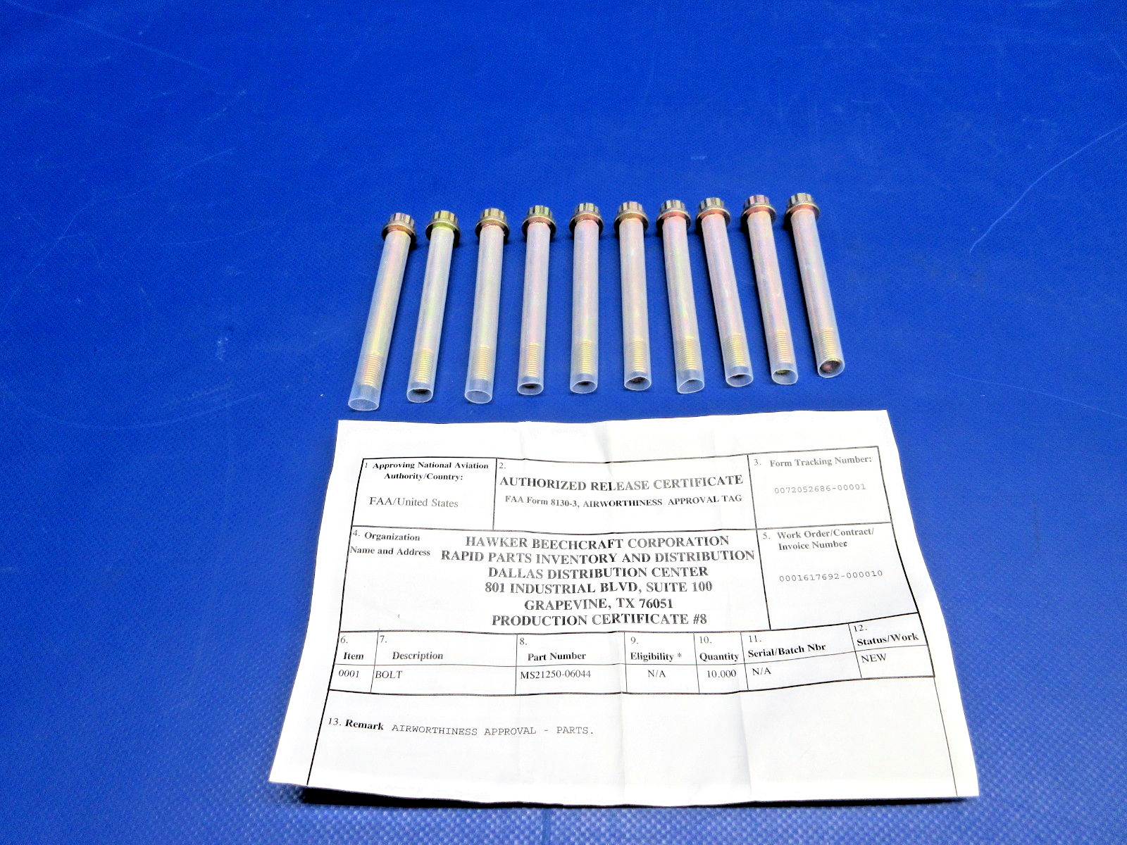 Bolt w/8130 P/N MS21250-06044 LOT OF 10 NOS (0326-902)0