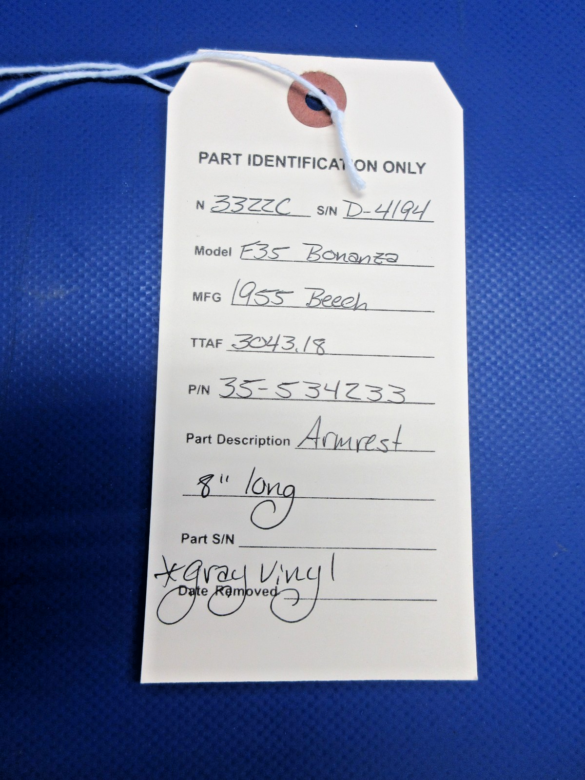 Beech F35 Bonanza Armrest 8" Long P/N 35-534233 (0726-752)10