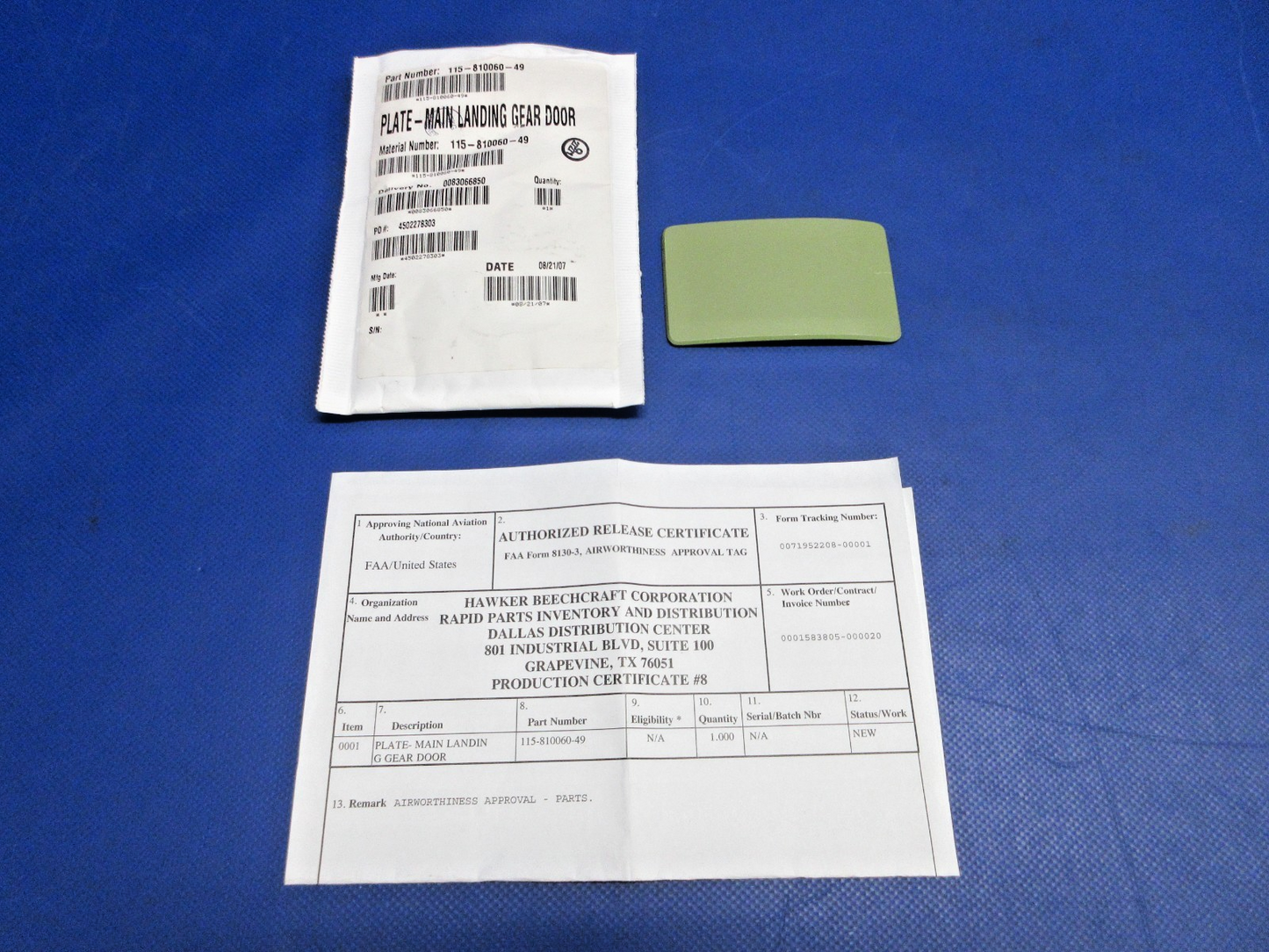 Beech Main Gear Door Reinforcement Plate w/8130 P/N 115-810060-49 NOS (0426-799)1