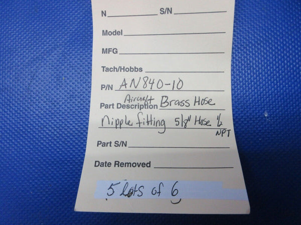 Aircraft Brass Hose Nipple Fitting 5/8" Hose 1/2 NPT P/N AN840-10 NOS (1121-365)