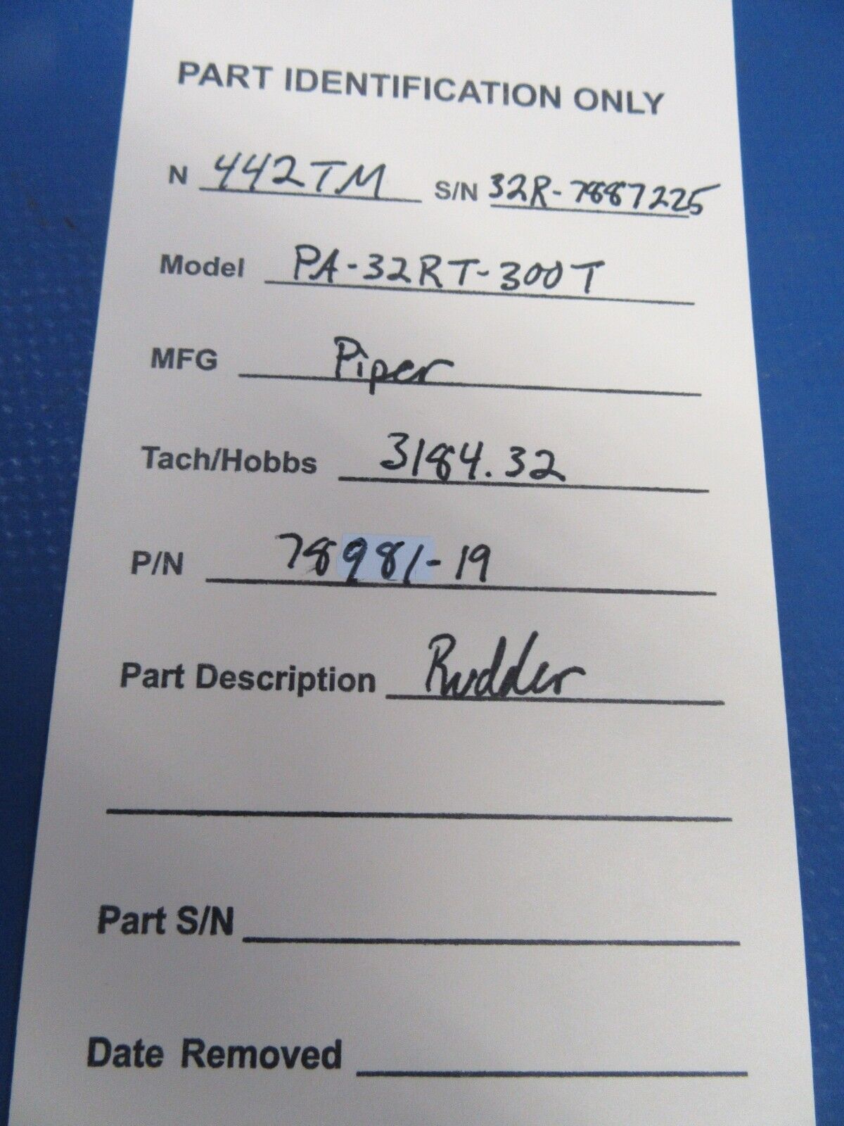 Piper PA-32RT-300T Lance II Rudder Assy P/N 78981-19 (0724-08)