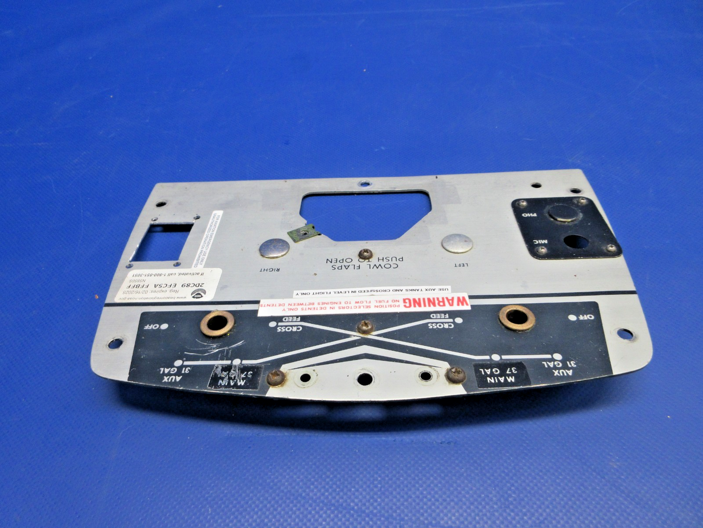 Beech D95A Travel Air Fuel Selector Valve Cover Plate P/N 96-920011-11 (0326-7596
