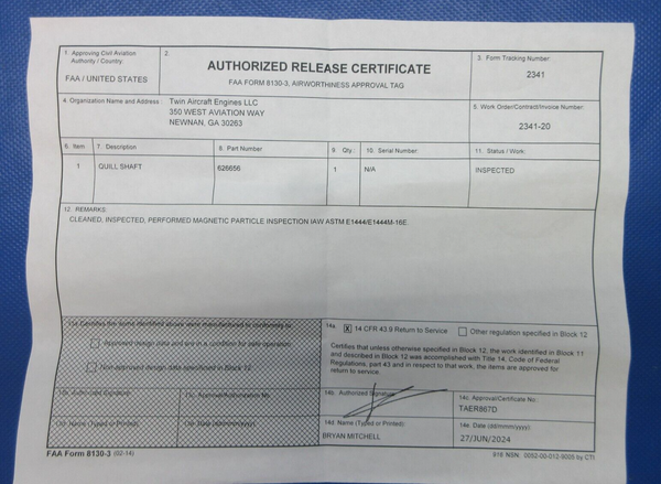 Continental GO-300 Quill Shaft P/N 626656 Inspected w/8130 (0724-1912)