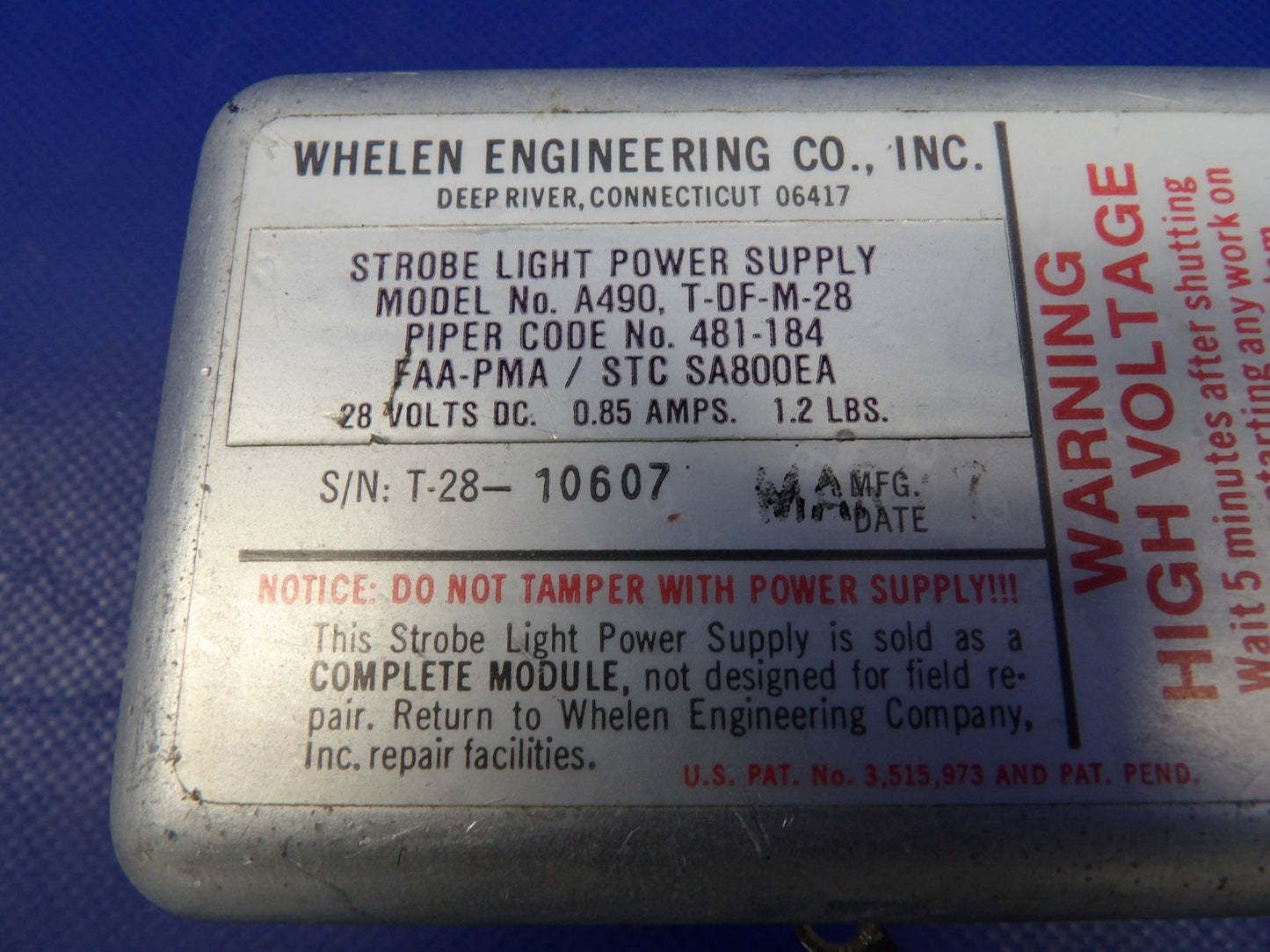 Piper Cheyenne Whelen Strobe Power Supply 28V P/N A490 TESTED (0626-1307)1