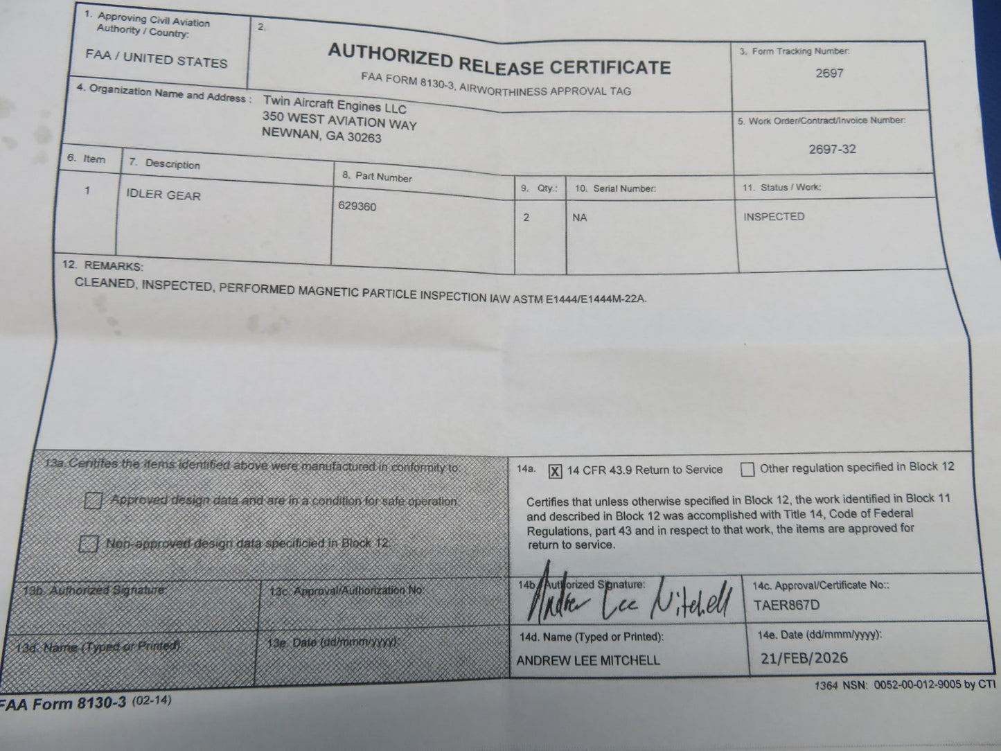 Continental IO-520 / IO-550 Idler Gear P/N 629360 Inspected w/ 8130 (0326-1730)2