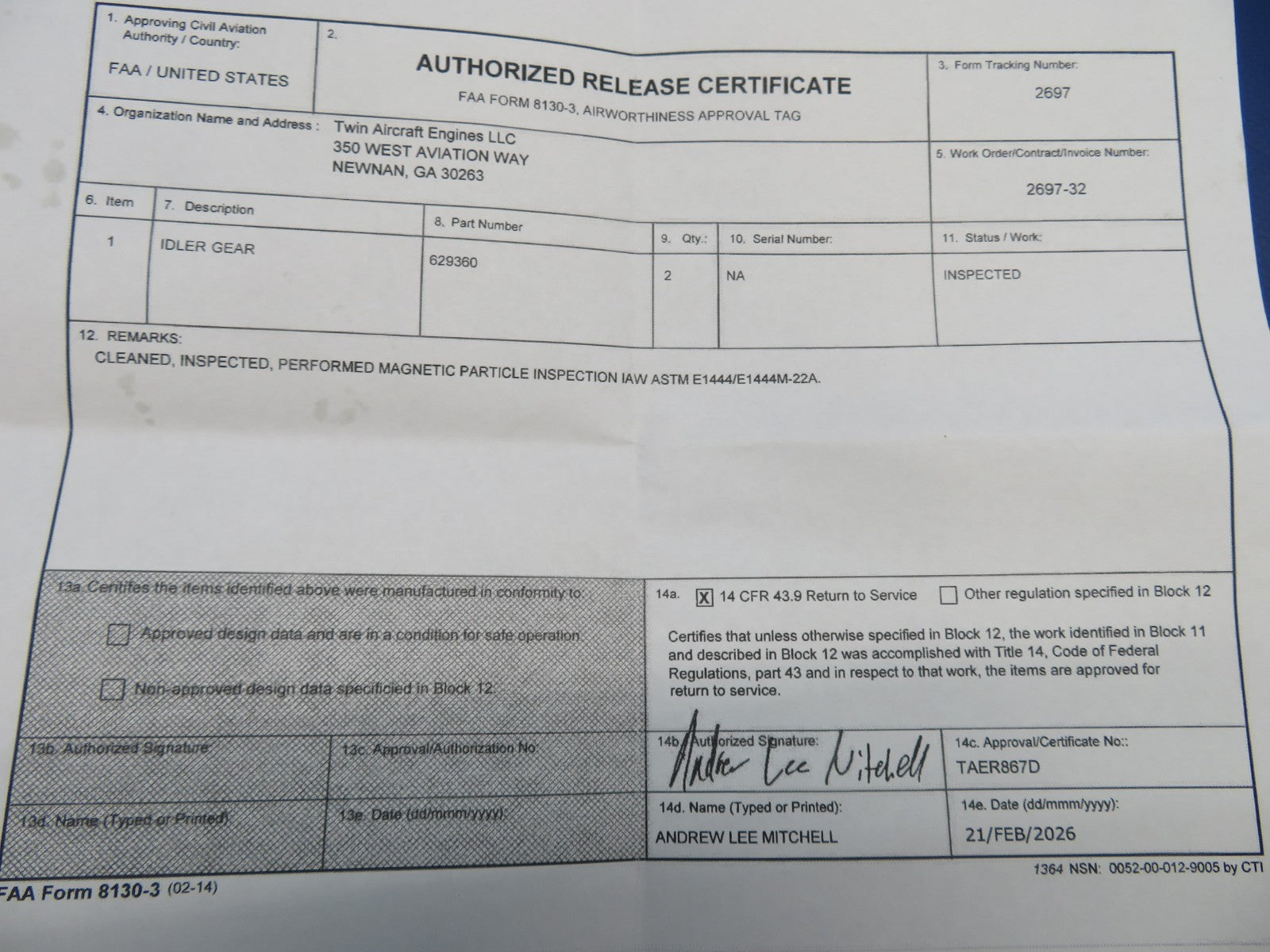 Continental IO-520 / IO-550 Idler Gear P/N 629360 Inspected w/ 8130 (0326-1730)2