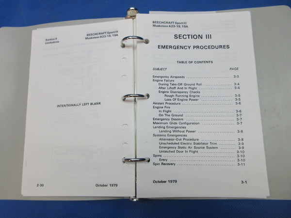 Beech A23-19 & 19A Pilot's Operating Handbook P/N 169-590002-7 (0924-1461)