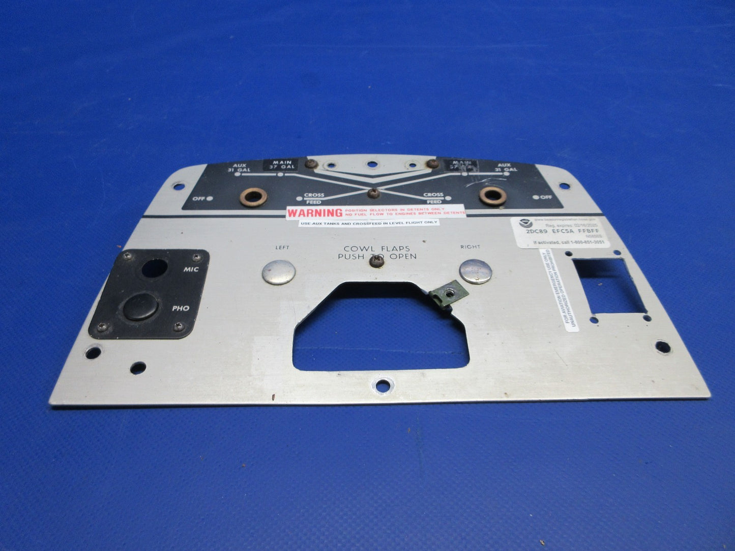 Beech D95A Travel Air Fuel Selector Valve Cover Plate P/N 96-920011-11 (0326-7594