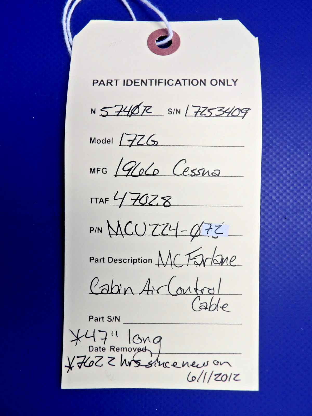 Cessna 172 / 172G McFarlane Cabin Air Control Cable P/N MCU224-072 (0326-1234)12