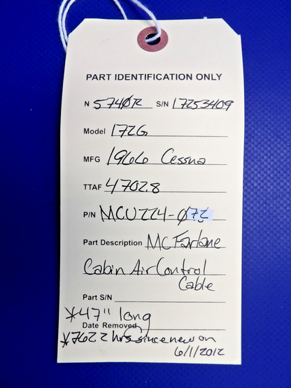 Cessna 172 / 172G McFarlane Cabin Air Control Cable P/N MCU224-072 (0326-1234)12