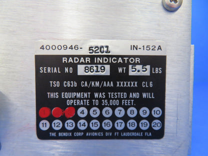 Bendix Radar Indicator IN-152A w/ Tray 28v P/N 4000946-5201 WARRANTY (0326-235)1