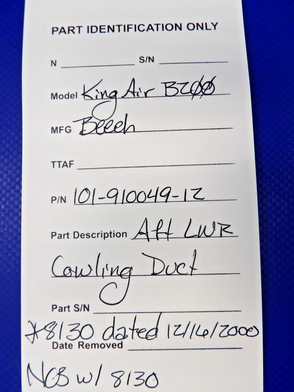 Beech King Air B200 Aft LWR Cowl Duct w 8130 P/N 101-910049-12 NOS (0426-1295)10