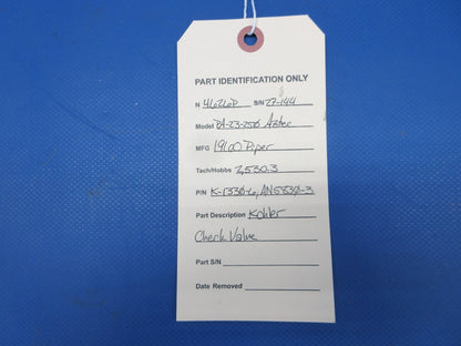 Piper PA-23-250 Aztec Kohler Check Valve P/N K-1330-6 (0624-1346)7