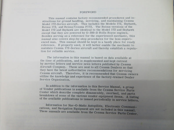 Cessna 172 & Skyhawk 1969-1971 Service Manual P/N D840-13-M-S-1300-7 (1024-1291)