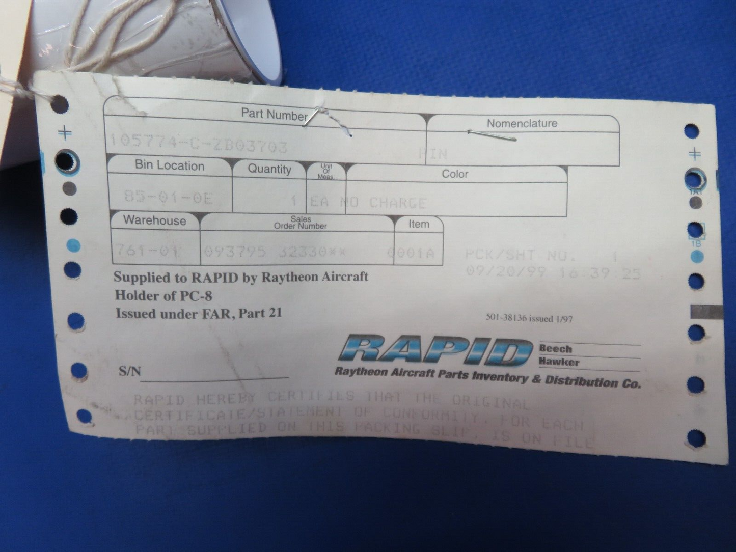 Raytheon Hinge Pin 38" Long P/N 105774-C-ZB03703 (1023-447)