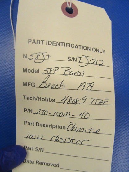 Beech Baron 58P Ohmite 100W Resistor P/N 270-100M-40 (0318-172)