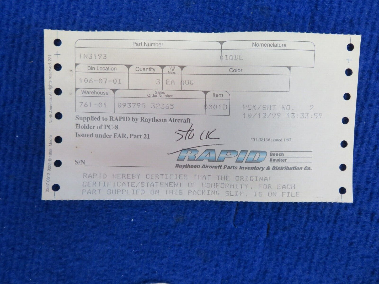 Beechcraft Diode P/N 1N3193 LOT OF 5 NOS (0622-716)