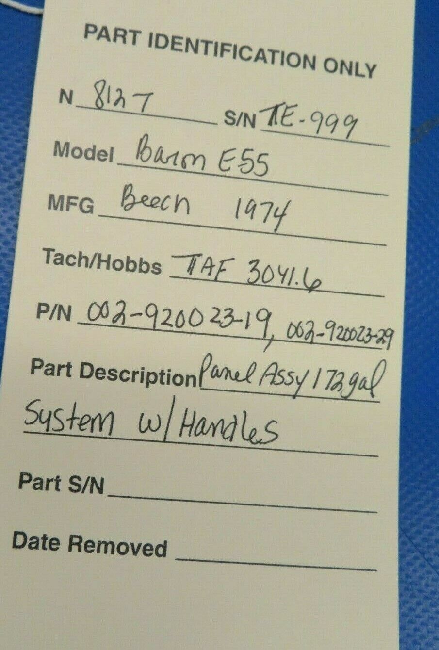 Beech Baron E-55 Fuel Panel w / Handles 172 Gal System 002-920023-19 (0120-07)