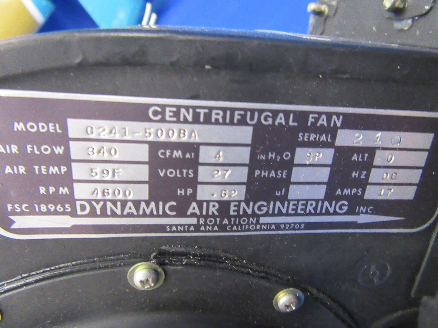 Beech Baron 58P Dynamic Air Cabin Heater Fan P/N 0241-500BA (0418-38)