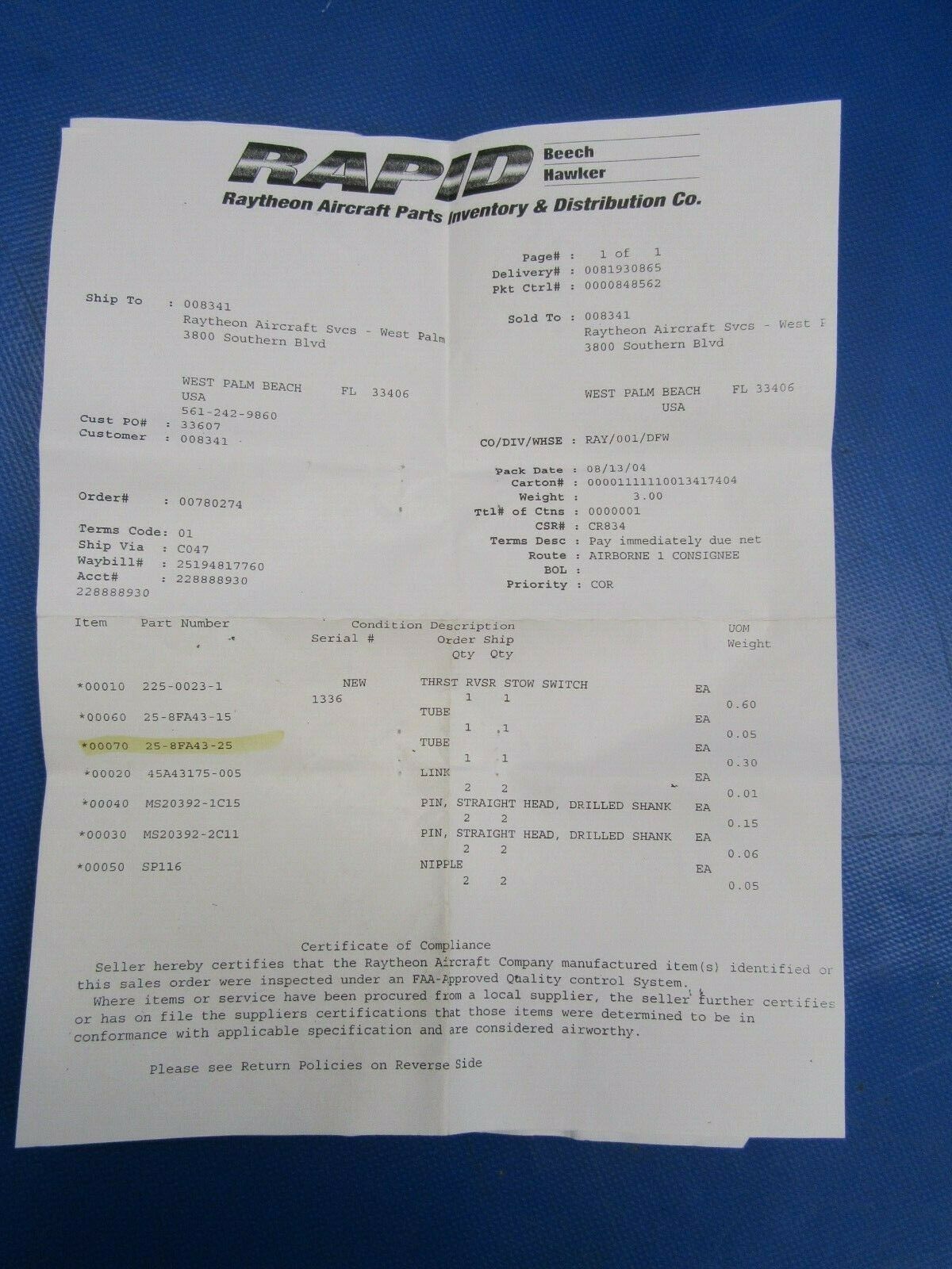 Meggitt Aerospace Tube P/N 25-8FA43-25 NOS (0419-435)
