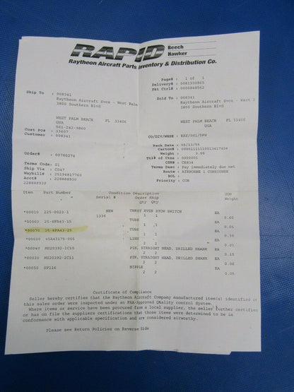 Meggitt Aerospace Tube P/N 25-8FA43-25 NOS (0419-435)