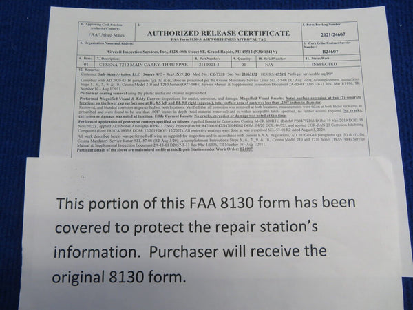 Cessna T210N Main Carry Thru Spar P/N 2110001-3 (0423-106)