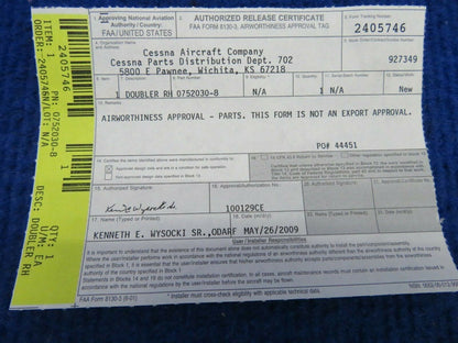 Cessna Doubler RH P/N 0752030-8 NOS w/ 8130 (0522-42)