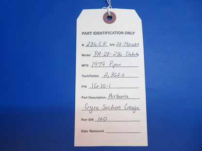 Piper PA-28-236 Dakota Airborne Gyro Suction Gauge P/N 1G10-1 (0223-826)