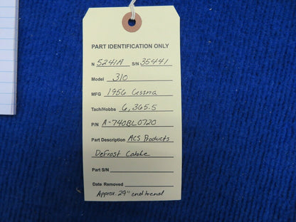1956 Cessna 310 ACS Products Defrost Cable P/N A-740BL0720 (0522-506)