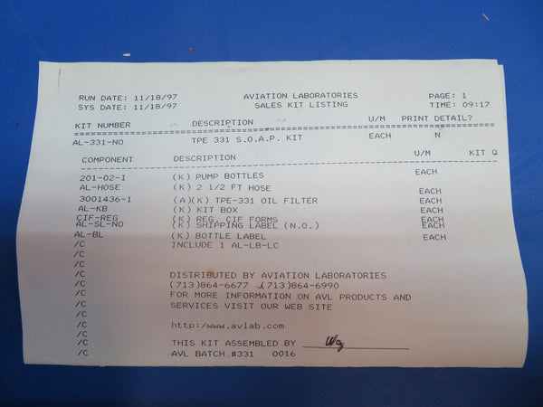 Aviation Laboratories SOAP Kit AL-331-N.O. NOS (1222-900)