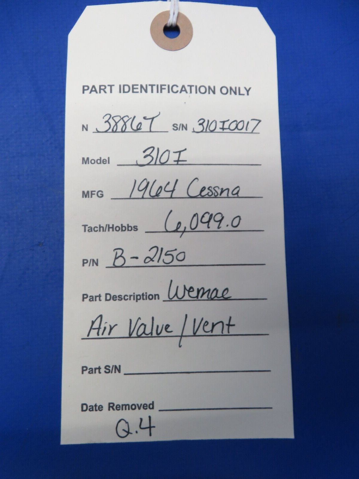 Cessna 310 / 310I Wemac Air Valve / Vent P/N B-2150 (1023-133)
