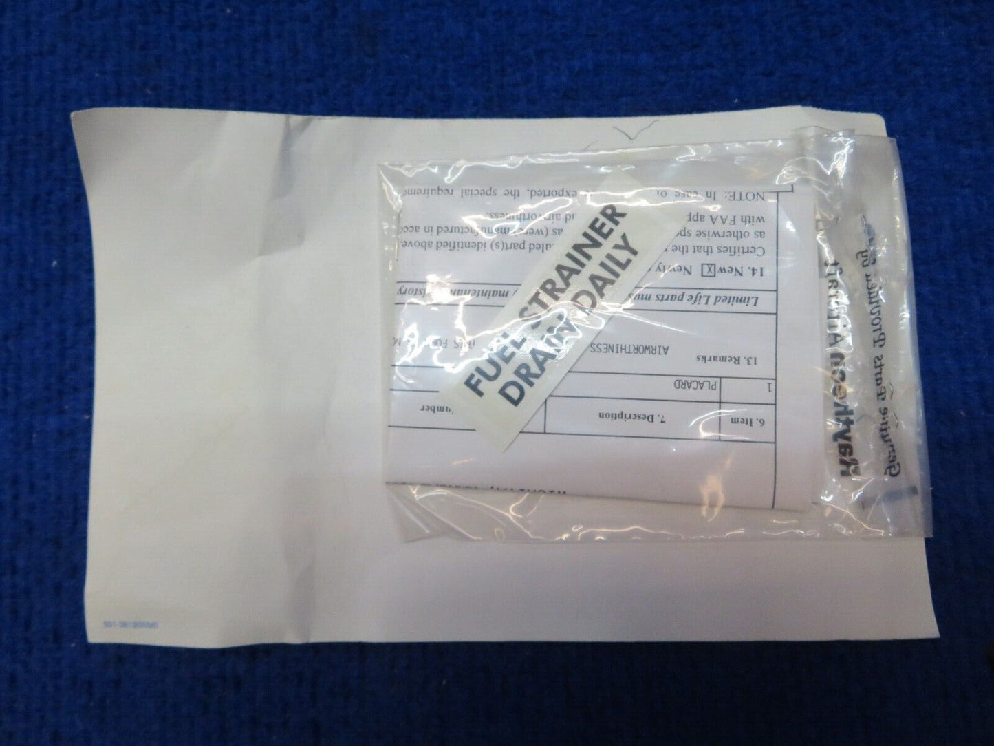 Beech Fuel Strainer Placard P/N 95-921014-3 NOS w/ 8130 (0622-443)