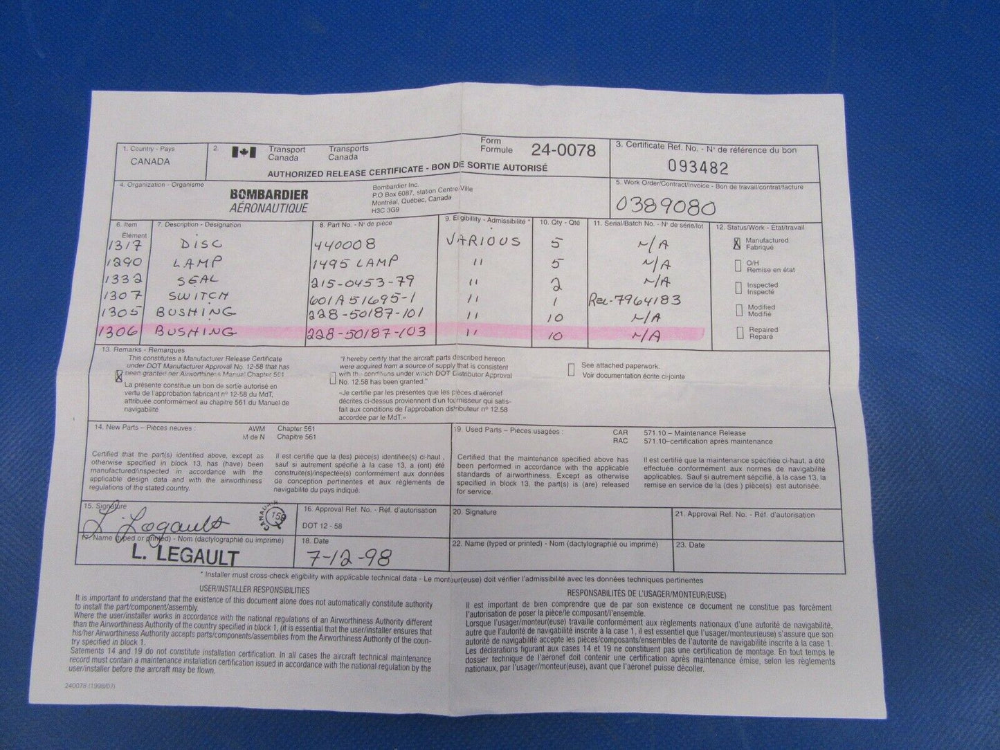 Bombardier Learjet Bushing P/N 228-50187-103 NOS (0419-423)