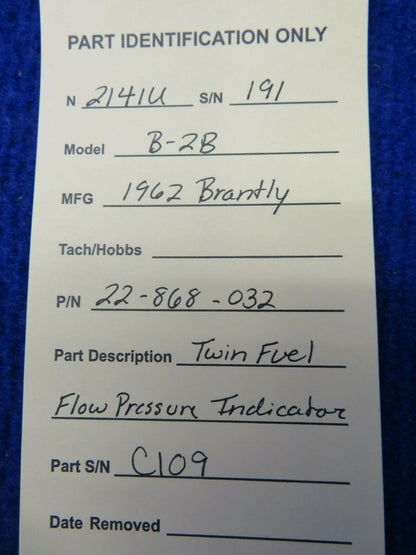 Brantly B-2B Twin Fuel Flow Pressure Indicator P/N 22-868-032 (0222-280)