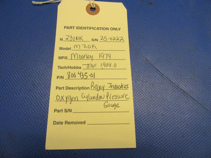 Mooney M20K Rajay Industries Oxygen Cylinder Pressure Gauge 800435-01 (0721-605)