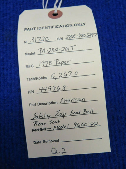Piper PA-28 American Safety 9600-22 Lap Seat Belt Rear Seat P/N 449968 (0222-755
