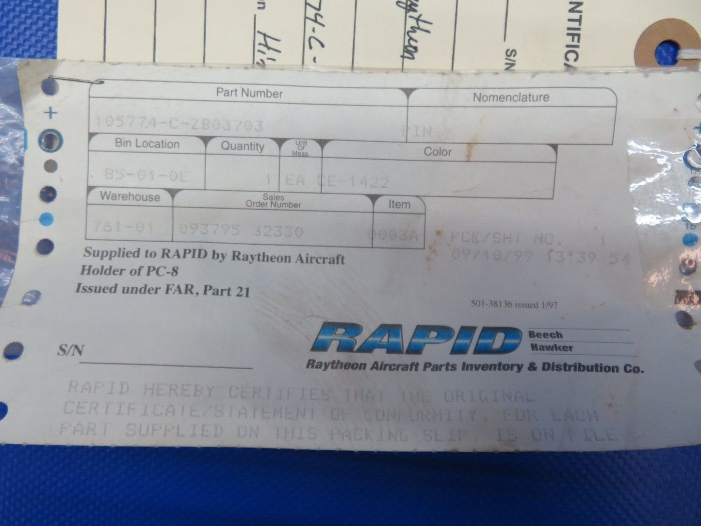 Raytheon Hinge Pin - 38" P/N 105774-C-ZB03703 NOS (1223-1426)